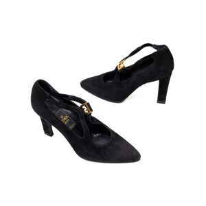 Vintage Fendi Scarpe Black Suede T-Strap Heels with Gold FF Buckle–Size 5.5/EU36